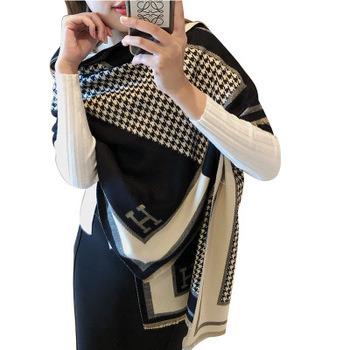 China Soft Houndstooth Cashmere Ladies Scarf Europe And America Hot New H Letter Color Printing Thickening for sale