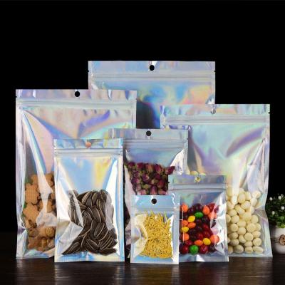 China Custom Logo Moisture Proof Mylar Bags Clear Transparent Holographic Packaging Rainbow Shine Plastic Sachet Bags Ziplock for sale