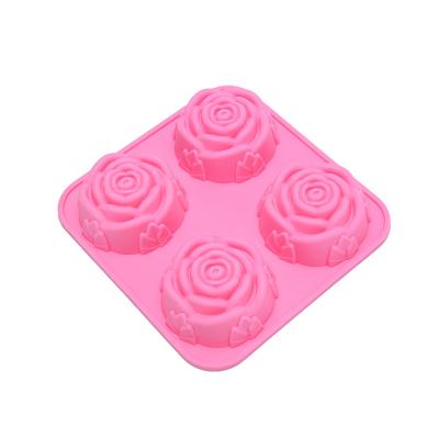 China Viable 4 Cup Rose Flower Silicone Cake Ice Cream Chocolate Mold Soap Silicone Molds 3D Cupcake Bakeware Pan Baking Cake Mold for sale