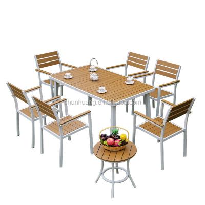 China Water Proof Outdoor Wood Furniture Plastic Table And Chair Wood Resistant Patio Dining Sets for sale