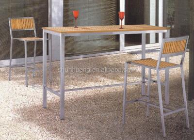 China Water proof cafe bar sets furniture chairs and table metal frame plastic wood bar furniture for sale