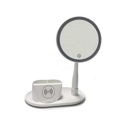 China Factory Lighted Ready To Ship Multifunctional Smart Phone Radio Dimmable Table Stand Makeup Desk Mirror With LED Lights for sale