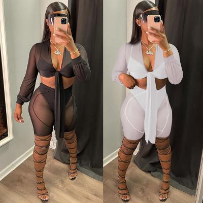 China M2138 breathable mesh 4 pieces set black white fashion sexy drop clothing outfits for women club wear 2021 for sale