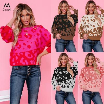 China MXN SF1190 Breathable Round Neck Leopard Women's Sweater, Two Color Patchwork Knitted Sweater, Fashion Women Tops Pullover Sweater For Women for sale