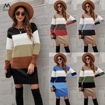 China MXN SF1133 Breathable Color Matching Round Neck Women's Knitted Sweater, Fashion Winter Women Sweater Dress, Plus Size Long Sweater For Women for sale