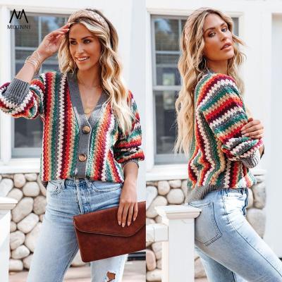 China MXN breathable SF1187 casual striped loose women's clothing, straight cardigan sweaters for women, stylish knitted sweaters women for sale