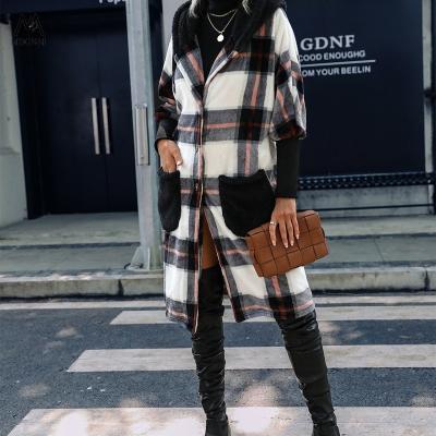 China MXN Viable 22003 Winter Loose Women's Jacket, Hooded Long Sleeve Striped Plush For Women, Cardigan Women Splicing Plaid Ladies Coat for sale