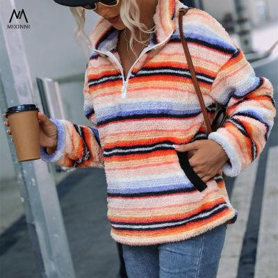 China MXN 22018 anti-pilling plush plus size women's clothing, lapel long sleeve striped print women's tops, plush pullover sweatshirt for women for sale