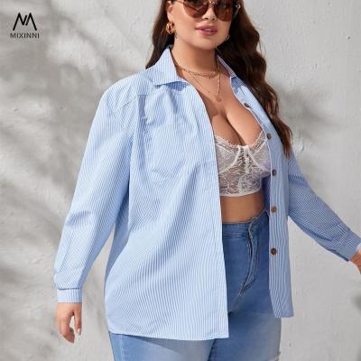 China Wholesale MXN 1205 Anti-Shrink Women's Blouses and Shirts, New Plus Size Striped Women's Tops, Straight Pocket Lapel Shirt for Women for sale