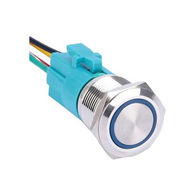 China Nickel Brass 19mm 5Pin 12V Waterproof Blue Led Illuminated ON Momentary Switch Push Button With Plug Socket for sale