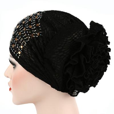 China Comfortable Fabulous Discoid Flower Head Wrap Fashion Turban European And American Bicolors Hat With Rhinestone Band For Muslim Women for sale