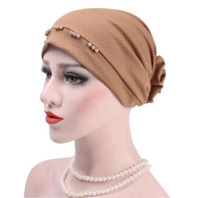 China New Women's Beautiful Flower Head Hat Turban Comfortable Elastic Fabric Muslim Women's Ladies Hat Hijabs On The Line Scarf Wholesale Hat for sale