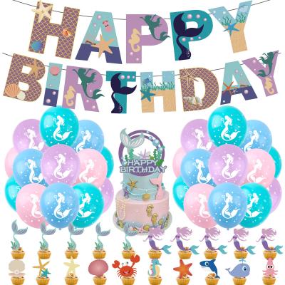 China Paper Latex Mermaid Birthday Party Supplies Set Mermaid Happy Birthday Banner Latex Printed Balloons Paper Cupcake Toppers Party Decorations for sale