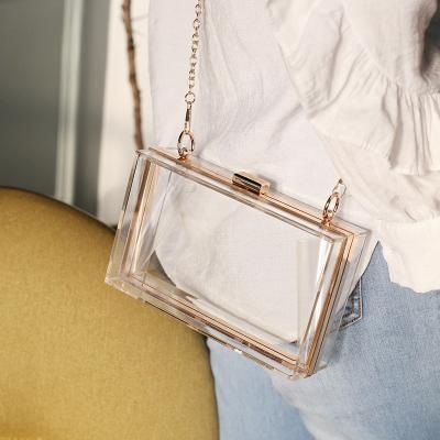 China Hot Selling Acrylic Clear Women's Small Square Box Chain Shoulder Evening Bag Clear Handbag Daily Use Bag Candy Color Transparent Clutch Bag for sale