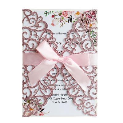 China Europe New Design Customize Glitter Bowknot Luxury Paper Cutting 2021 Wedding Invitation for sale