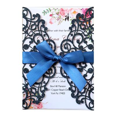 China Europe New Design Customize Glitter Bowknot Luxury Paper Cutting 2021 Wedding Invitation for sale