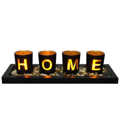 China Hot Selling Modern Simple Style Letters Popular Wooden HOME Candlestick Candle Holders Decorative Glass Lanterns for sale