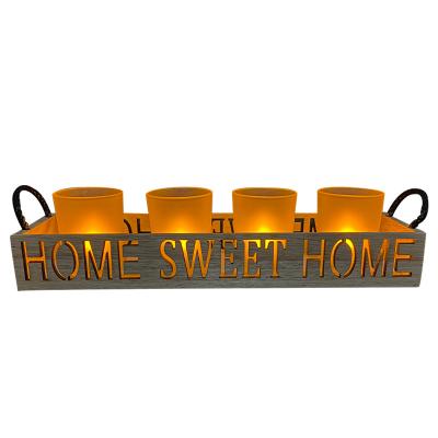 China HOME SWEET HOME high quality simple modern pedestal wooden replacement letter decoration style frosted glass candle holder for sale