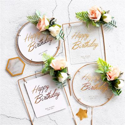 China High Quality Hot Stamping Acrylic Cake Decoration DIY Metal Flower Design Happy Birthday Cake Topper for sale