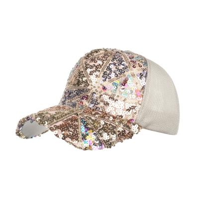 China 2021 New Arrival All-matching Triangle Sequins Women Fashion Shiny Color Peaked Mesh Ponytail Baseball Cap for sale