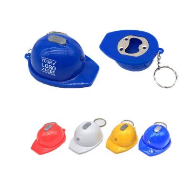 China Plastic In Stock Promotional Items For Beverage Motorcycle Safety Helmet Shaped Bottle Opener With Custom Logo LED Key Chain for sale