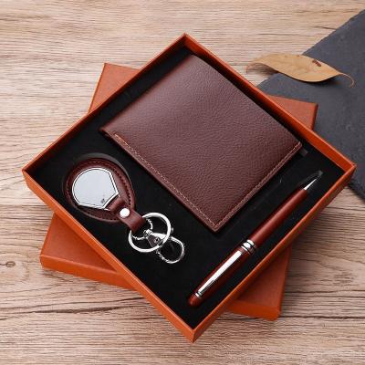 China Custom Farming Business Souvenir Wallet Leather Key Chain Gift Set With Luxury Metal Ball Pen Business Promotion 3 In 1Gift Set For Men for sale