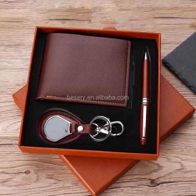 China Wholesale Custom Logo Agriculture Leather Business Gift Set 3 In 1Gift Set Key Chain Wallet Gift Set With Luxury Ball Pen Metal Promotion for sale