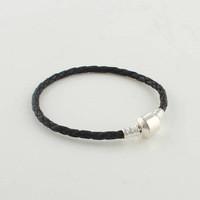 China Black Leather Chain Authentic 925 Sterling Silver Bracelet For Pandara Beads for sale