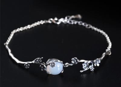 China S925 Silver Old Flower Ornaments Retro Literary Chalcedony Plum Bracelet DIY Handmade Ethnic Bracelet for sale