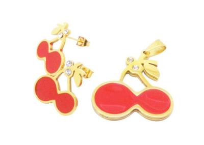 China Gold Plated Stainless Steel Jewelry Set Flat Enameled Cherry Pendant And Stud Earrings for sale