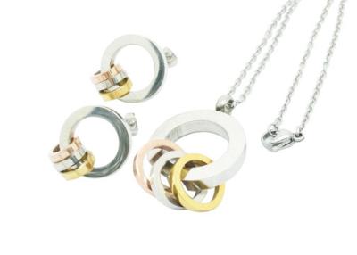 China Three Tone Plated Stainless Steel Jewelry Set With Rings Pendant Chain And Stud Earrings for sale