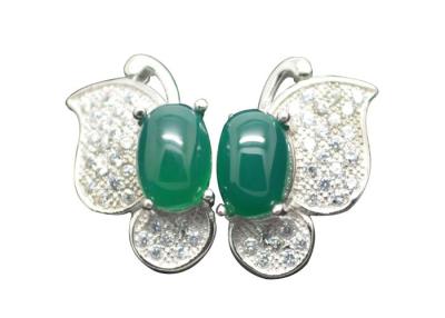 China Rhodium Plated Butterfly Sterling Silver Earrings With Clear Zircon And Green Carnelian for sale