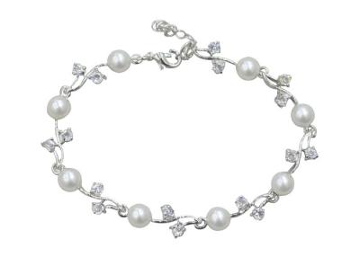 China 925 Sterling Silver Bangle Bracelets With Pearl Tulip Flower Charm Link / Clear Crystal Leaf for sale