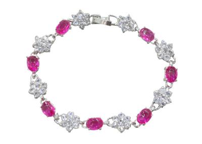 China Fushia Oval Clear Crystal Flower Charm Link Bracelet / Sterling Silver Chain Bracelets for sale