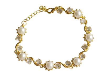 China White Pearls Flower Chain Sterling Bangle Bracelets With Clear Crystal Bottom for sale