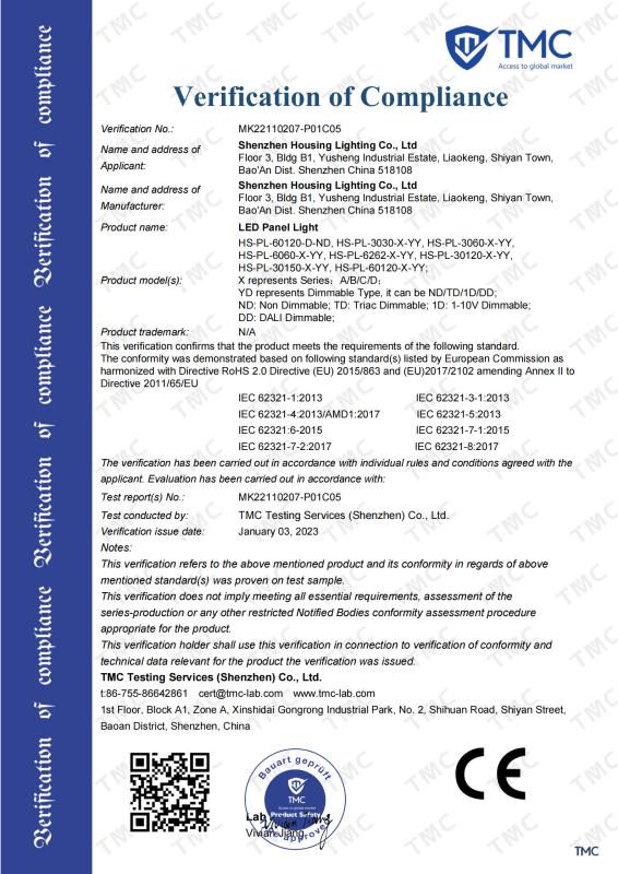 Product Certificate - Shenzhen Housing Lighting Co., Ltd.