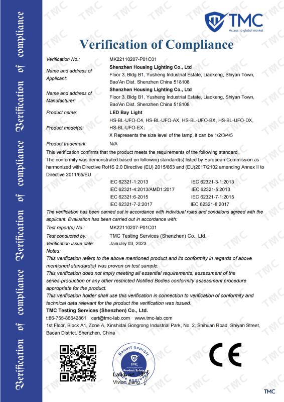 Product Certificate - Shenzhen Housing Lighting Co., Ltd.