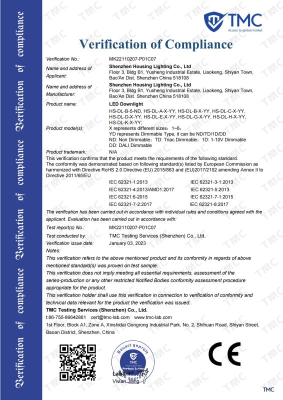 Product Certificate - Shenzhen Housing Lighting Co., Ltd.