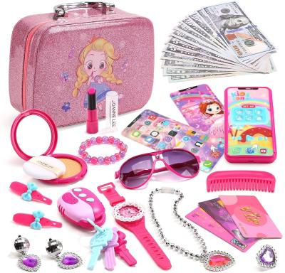 China Amazon Hot Sale Child's Play Role Play Party 32 Pieces Princess Dress Up Purse Toy Set Brush Cosmetic Make Up Toy Set For Girl 20.5*16*8.5cm for sale