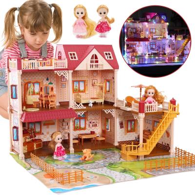 China Children's Toy Chinese Manufacture Hot Sale Cartoon 2 Levels Princess House Toy Big Dream Pink Doll Rooms Set With Light for sale