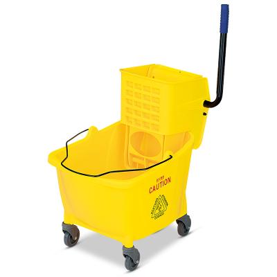 China Hot Selling Stocked 32L Plastic Side Wringer Trolley Cleaning Broom Yellow Bucket With Wheel For Hospital /hotel Water Broom for sale