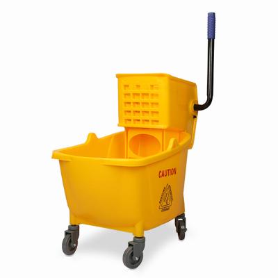 China Hot Selling Stocked 32L Plastic Side Wringer Trolley Cleaning Broom Yellow Bucket With Wheel For Hospital /hotel Water Broom for sale