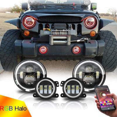 China 7inch LED Headlights + 4inch LED Fog Light Combo with RGB Halos for 1997-2017 Jeep Wrangler JK CJ Upgrade Modification for sale