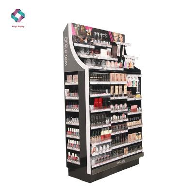 China New Steel And Plastic Acrylic Makeup Floor Rack Display Cabinet Supermarket Shelves 3-Sides Beauty Products Cosmetics Show Racks for sale