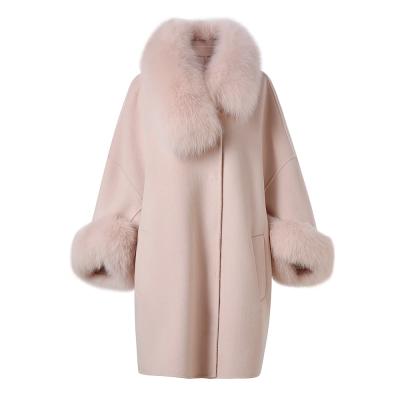 China New Arrivals Long Sleeve Woolen Cashmere Coat Long Sleeve Pink Cashmere Coat Women With Detachable Fox Fur Collar for sale