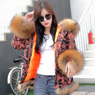 China New fashion anti-shrink camouflage coated down winter warm women's fur parka the real of fur collar for sale