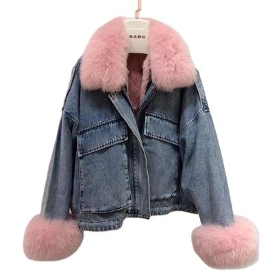 China Women's Fur Parka Denim Jackets Anti-Shrink With Real Fur Winter Jean Jacket S7865 Fur Coats for sale