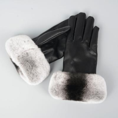 China 100% Comfortable Women's Real Sheepskin Leather Gloves Lady Winter Warm Fashion Mittens With Real Rabbit Fur for sale