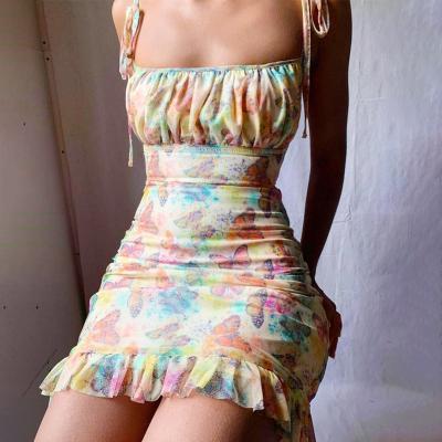 China Casual Dress 2021 Breathable Printing Sexy Butterfly Sleeveless Strap Summer Women Sundress Bodycon Beach Strap Colorful Dress for sale