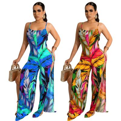 China 2022 Summer Anti-pilling Printing Sleeveless Hollow Leg Pants Loose Side Button Split One-Piece Casual Overalls Romper For Women for sale